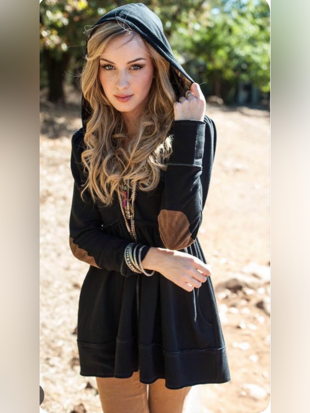 Evy’s Tree Sophie Long-Sleeve Zip-Front Hoodie with Brown Elbow Patches